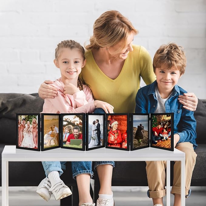 Sintuff 7 Pictures 5 x 7 Frame Folding Hinged Picture Frames Foldable Photo Frames High Definition Natural Wood Collage Picture Rustic Desktop Acrylic Frame for Family Wall Decor Black