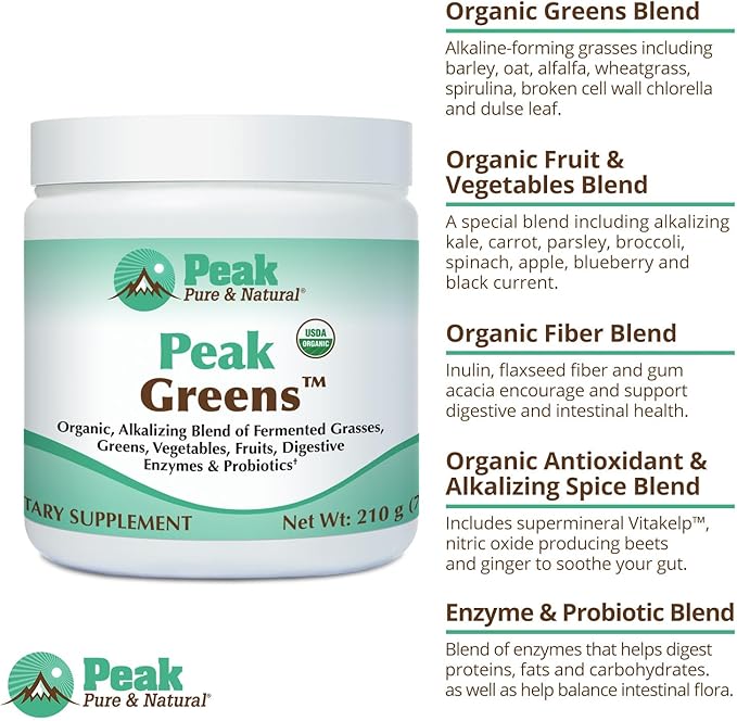 Peak Pure & Natural Peak Greens Support pH Balance and Alkalinity | Superfood Green Drink Powder | Blend of Fermented Grass, Vegetable, & Fruit | Digestive Enzyme & Probiotic Powder