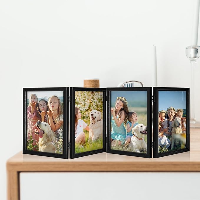 Sintuff 8 x 10 Picture Frames Hinged Fold Photos Frame Collage Vertical with Acrylic Opening Wood Desk Photo Rustic Multiple Desk Family Picture Collage Wedding Supplies(4 Fold Style,8x10inch,Black)