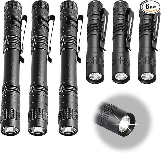 Mini Flashlight, AAA Small Pen Light with Clip, Portable 500lm Pocket Pen Flashlight for Inspection Repair Outdoor Emergency (6 Pack, Black, 3.5" & 5.1")