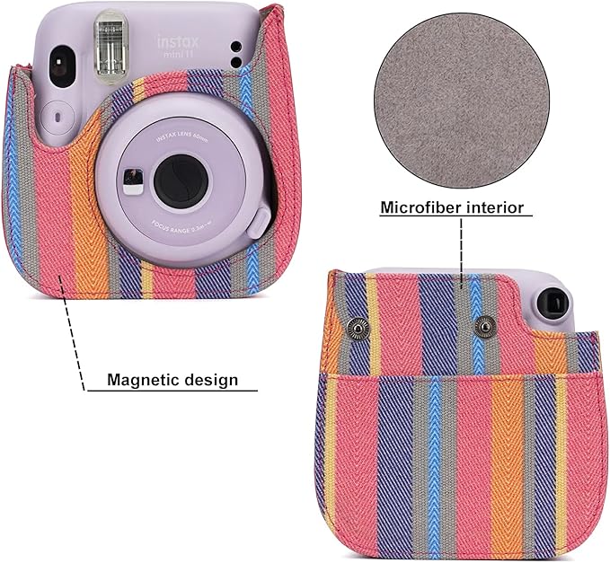 Frankmate Instant Camera Case Compatible with Fujifilm Instax Mini 11/9/8/8+ Canvas Bag with Pocket and Adjustable Shoulder Strap Mini Wallet Album (Stripe)