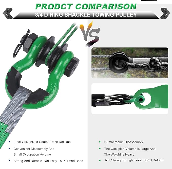 Upgraded Snatch Block, 3/4" D Ring Shackle (2 Pack) 22,000lb Break Strength with Towing Pulley, Heavy Duty Offroad Recovery Accessory for Truck, Tractor, ATV & UTV (DarkGreen)