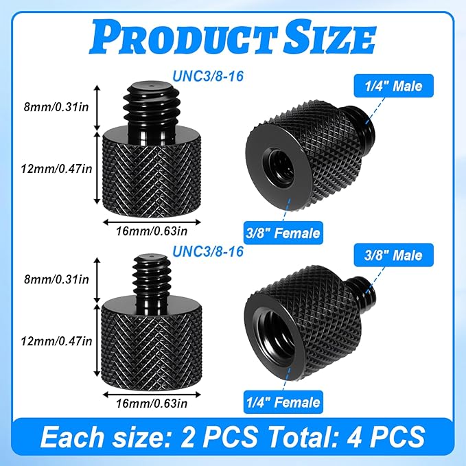 3/8 to 1/4 Camera Screw Adapter Thread 4 Pcs Aluminum Alloy 1/4 Female to 3/8 Male Camera Tripod Adapter for Cameras, Mount, Monitor