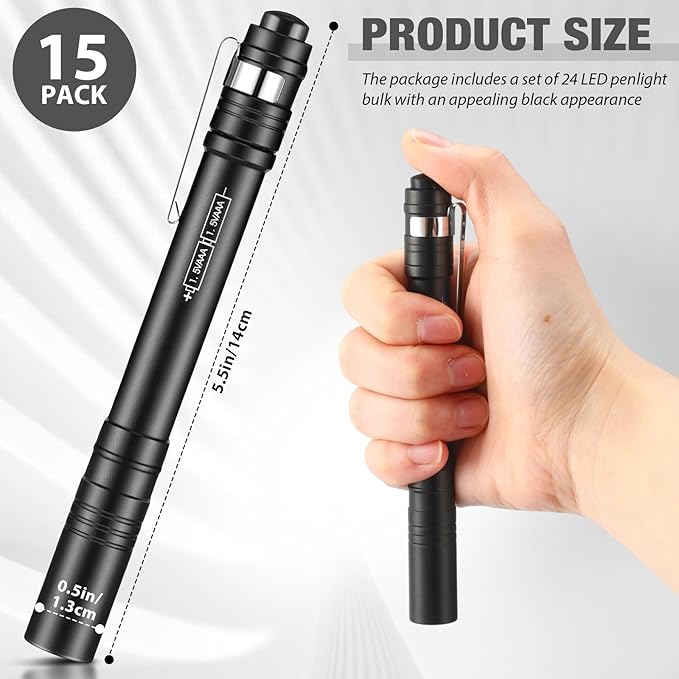 15 Pack Christmas Mini Pen Flashlights Bulk Gifts LED Pen Lights Aluminum Pocket Flashlights with Clips Small Handheld Torches for Men Camping Hiking Emergency Outdoor (Black)