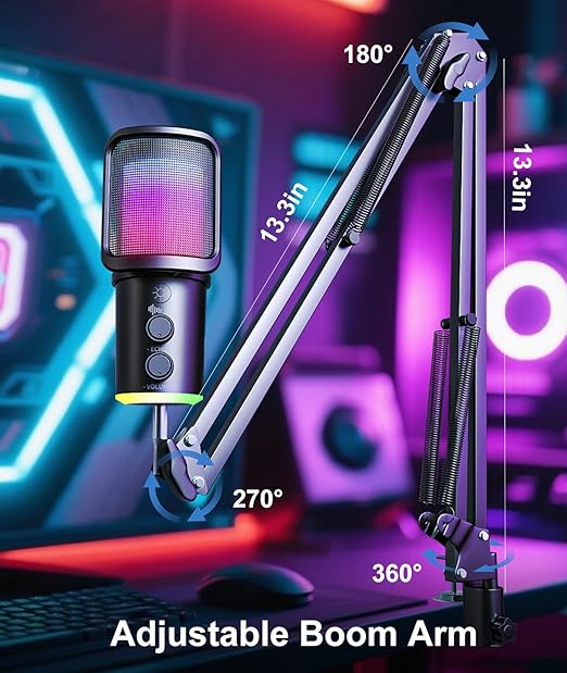 Gaming USB Microphone, Noise Cancellation Condenser Mic with Mute,Boom Arm Mic-Reverb Adjustment, Monitoring for Streaming, Podcasting, Discord, YouTube,PC, Computer, PS4, PS5, Mac