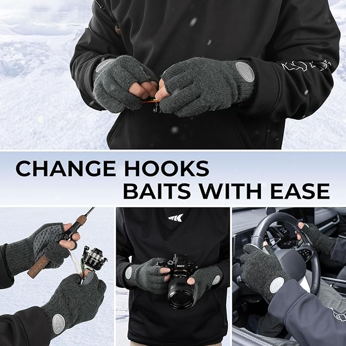 KastKing Bully Wooly 3-Cut Fingerless Wool Fishing Gloves, Cold Weather Warm Winter Gloves for Men & Women, Ice Fishing