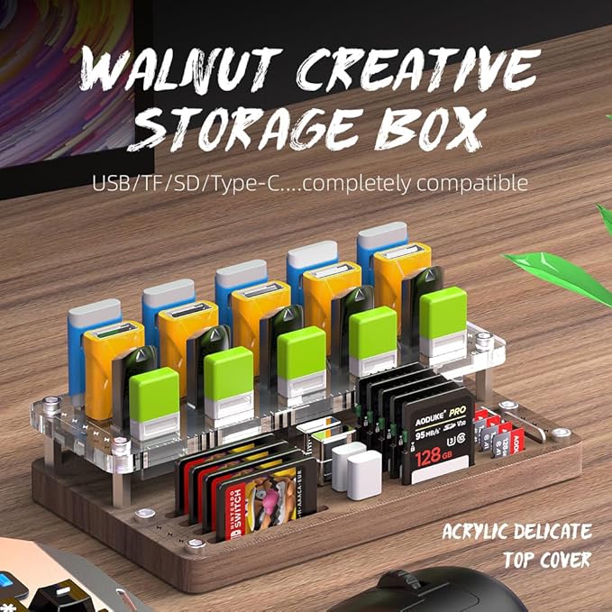 FEIFANZHE 40 Slots Wooden Memory Card Case for TF/CF/Nintendo Switch, USB Flash Drive/SD Card Holder Desk With Removal Pin - Protection Box-03MY