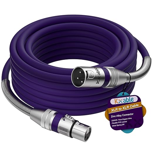 XLR Microphone Cable 20 FT, XLR Male to Female Balanced Mic Cable, 3-Pin Shielded Speaker Cord, Zinc Alloy Connectors, 22AWG Pure Copper, Metal Spring SR, Recording Studio, Podcast, Purple