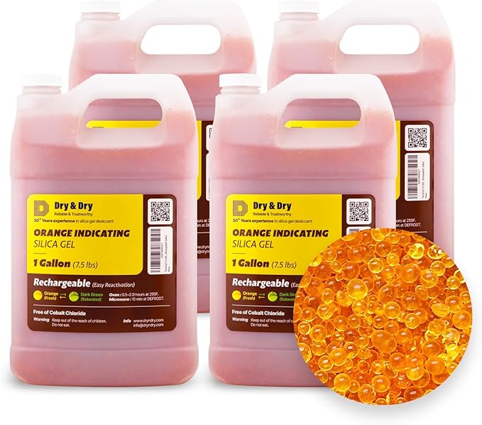 "Dry & Dry" [30 LBS] Premium Orange Indicating Silica Gel Desiccant Beads(Industry Standard 3-5 mm) - Rechargeable(4 Gallon)