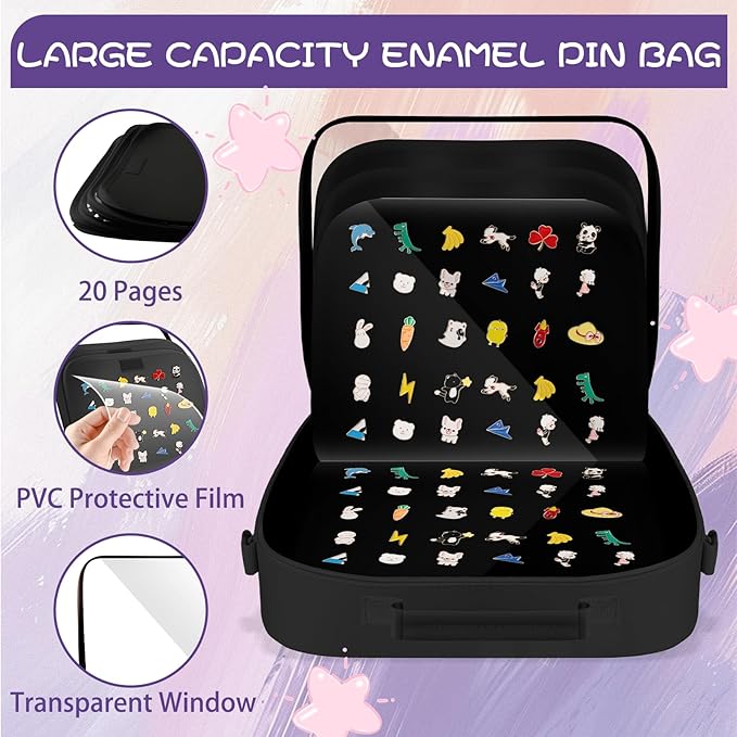 20 Pages Enamel Pin Display Bag - Large Pin Book for Collectors, Portable Travel Pin Board Carrying Case with Protective Film & Handle & Strap, Pin Holder Trading Book for Pins, Earrings and Brooches