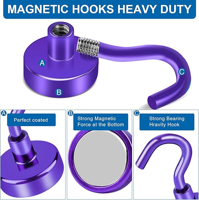 LOVIMAG Cruise Ship Essentials, 85Lb Magnetic Hooks for Cruise Cabins, Purple Strong Magnetic Hooks for Hanging, Refrigerator, Celling, Grill, Fridge, Kitchen-4Pack