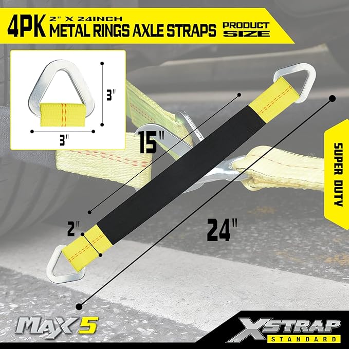 XSTRAP STANDARD 4 Pack of 24 x 2" Axle Strap with Protective Sleeve and D-Ring for Securing Car Transport, Axle Tie Down Straps - 3333 Lb. Capacity 10,000 Breaking Strength