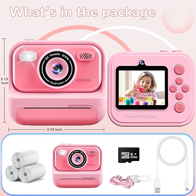 Instant Print Camera for Kids,2.4 Inch Screen Kids Digital Cameras, Christmas Birthday Gifts for Girls Age 3-12, Portable Toddler Travel Toy for 3 4 5 6 7 8 9 10 Year Old Girls Boys