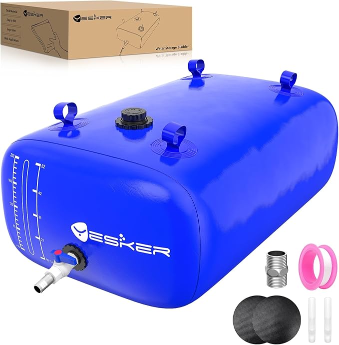 Yesker Portable Water Storage Bladder 63 Gallon – Heavy-Duty 1000D PVC Foldable Water Bladder Tank with 3/4" PVC Spigot for Garden, Camping & Emergency Use, Blue