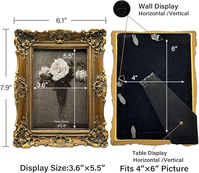 CISOO 4x6 Vintage Picture Frame, Antique Ornate Bronze Gold Photo Frame, for Table Top and Wall Display, Decorative Floral Design Retro Home Decor, Photo Gallery Art