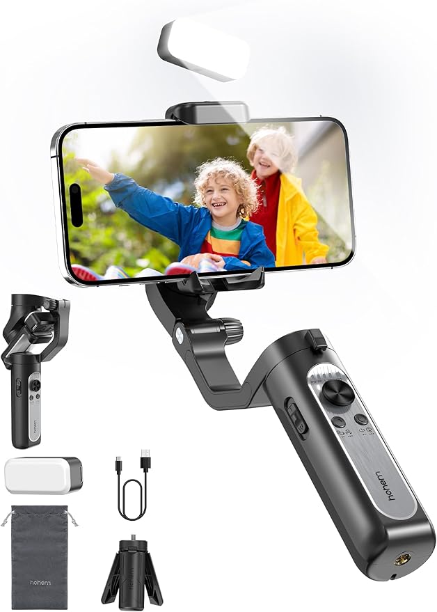 hohem iSteady XE Kit Gimbal Stabilizer for Smartphone, 3-Axis Gimbal for iPhone & Android with Magnetic Adjustable Fill Light, Portable & Foldable Stabilizer for Video Recording, YouTube TikTok Video