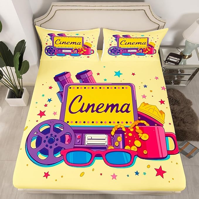 Erosebridal Movie Themed Bed Sheets Set for Boys Girls Family Movie Theater Decor Sheet Set Full Size Film Lover Modern Sheets Home Theater Decor Fitted Flat Sheet 4 Pcs