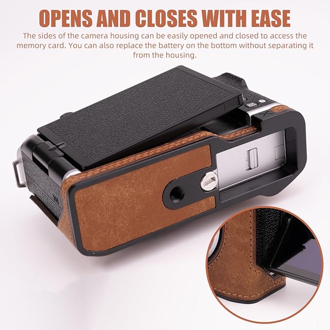 Uchandmade Handmade Genuine Leather Camera Half Case for Fujifilm X-M5/Fujifilm X-M5 Camera Case/Fujifilm X-M5 Case - Top Layer Cowhide Body + Metal Base Plate (Yellowish-Brown)