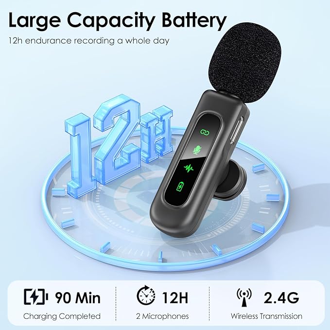 USB C Mini Wireless Lavalier Microphone for iPhone/Android,Lapel Mic with Magnetic Clip-on for Record Video，Lav Mic with LED Display Podcast Vlog Content Creator Interview