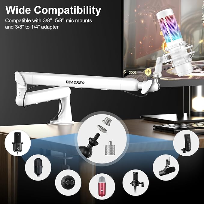 Microphone Arm,Aokeo AK-55 Desk Low Profile Adjustable Mic Boom Arm Stand,Suitable For Blue Yeti,Snowball iCE, HyperX QuadCast,SoloCast,Elgato Wave,Etc