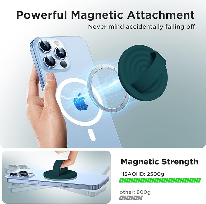 Upgraded Magnetic Phone Grip, Liquid Silicone Soft and Portable, Removable Finger Loop Ring Grip Holder for iPhone, Strong Magnetic Attraction, Compatible with MagSafe Phone Case, Dark Green