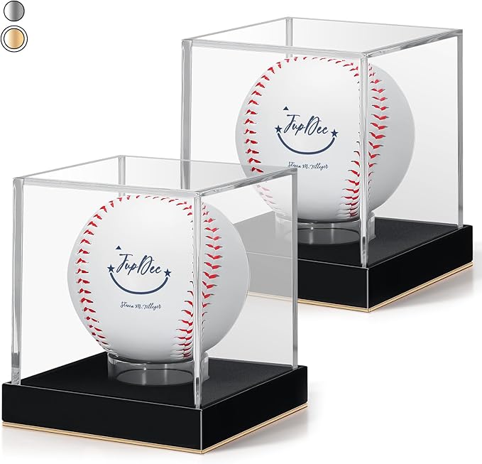 JupDec Baseball Display Case for Single Autograph Ball, Clear Acrylic Cube Baseball Holder with Velvet Interior, UV Protected Stand Box with Durable Base, Ideal Gift for Sports Fans, Gold, 2 Pack