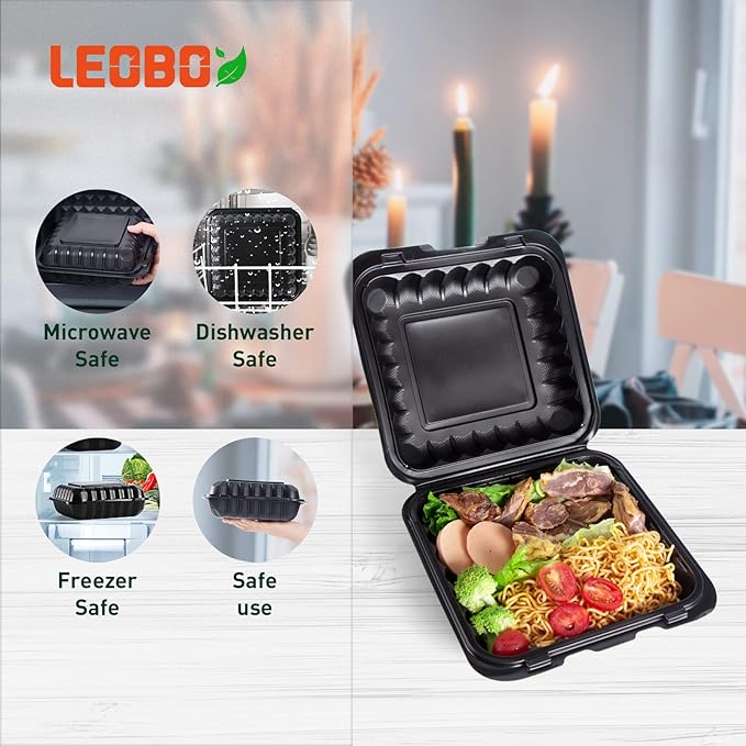 LEOBOX To Go Containers Mineral Filled PP Plastic - 8 Inch 34oz 55 Pack | Shrink Wrap BPA Free Takeout Boxes | Freezer & Microwave Safe for Food Delivery | Salad Breakfast Black Disposable Container
