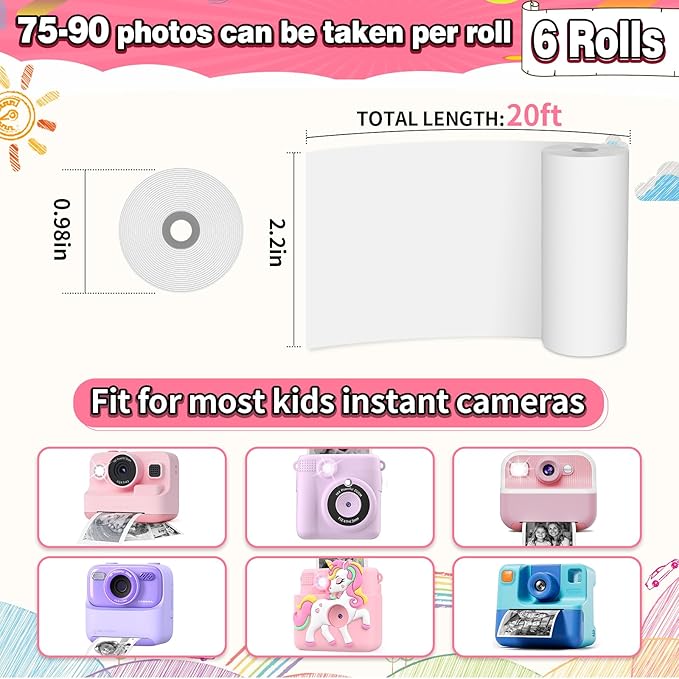 Kids Camera Instant Photo Printing Paper Roll, 6 Rolls Leebotree Thermal Print Refill Fit for Most Kids Instant Camera Includes ESOXOFFORE/Dylanto/DUDUDRAGON/Cimizi (2purple-2orange-2green)