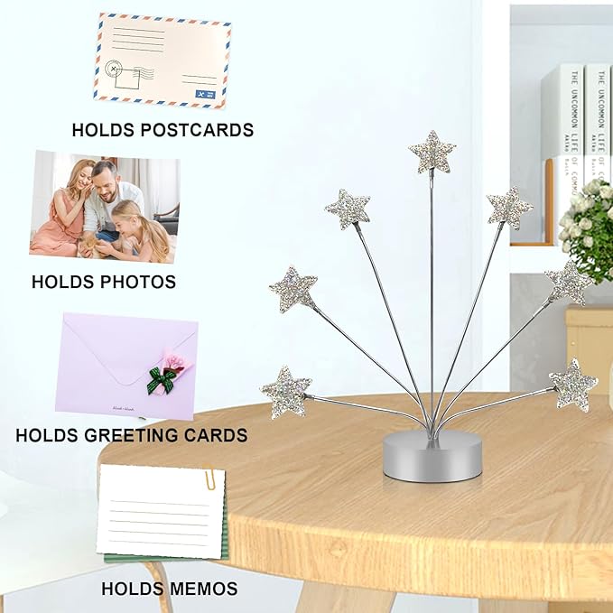FaitAtten 7-Branch Family Desktop Photo Tree Holder Clip Round Base, Card Picture and Memo Desk Frame Display Stand for Wedding Party Christmas Photo Clip Holder Table Numbers (Stars)