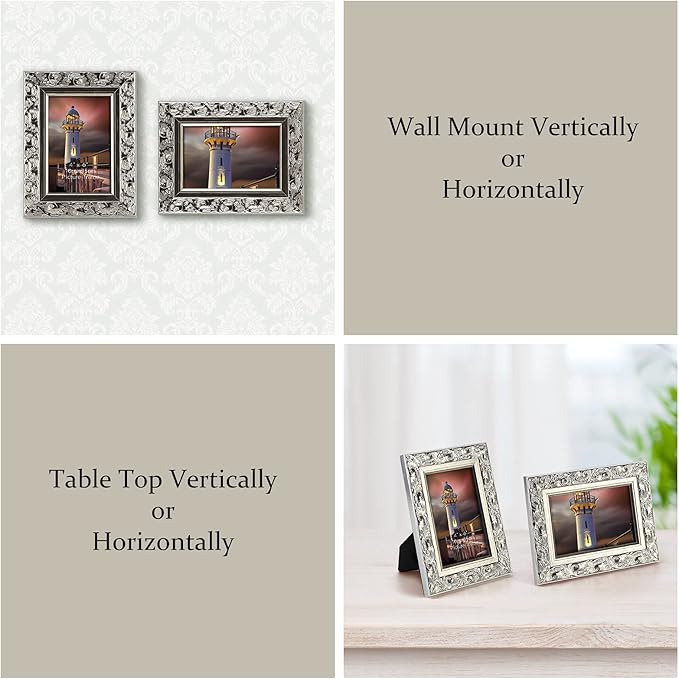 Edenseelake 4x6 Picture Frame Set of 2, Vintage Photo Frame with Carved Retro Pattern for Tabletop and Wall Decoration, Silver