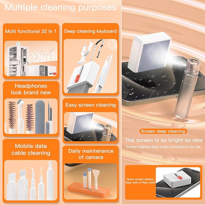 Multifunctional Cleaning Brush Kit, All-in-One Laptop Cleaning Tool, 32-in-1 Portable Electronics Cleaning Brush Tool Kits for Computer Tablet PC Camera Cellphone Earbuds