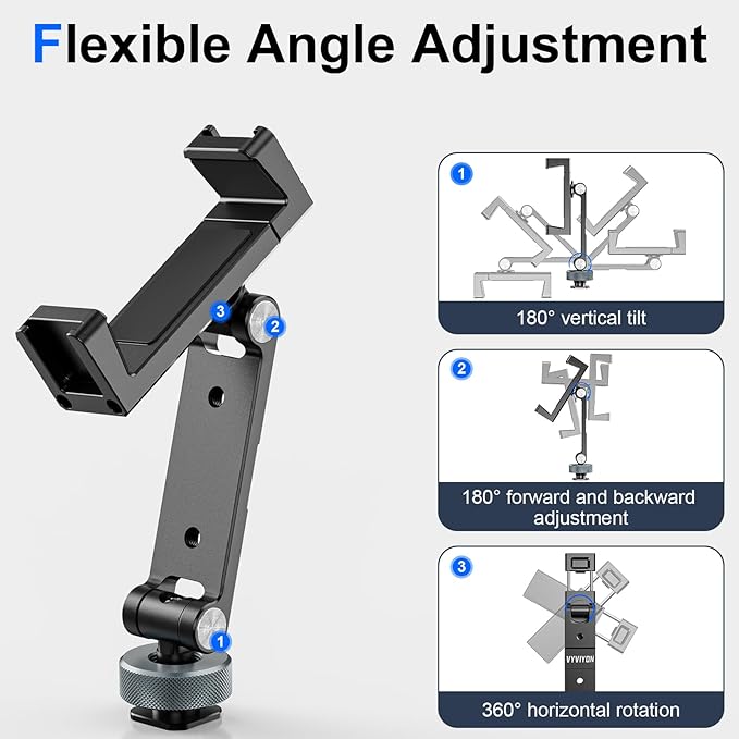 Metal Phone Tripod Mount with 3 Cold Shoe 1/4" Thread, 180° Tilt, 360° Rotation Universal Aluminum Cell Phone Stand Holder for iPhone Samsung Smartphone Clamp Adapter for Desktop Tripod Video