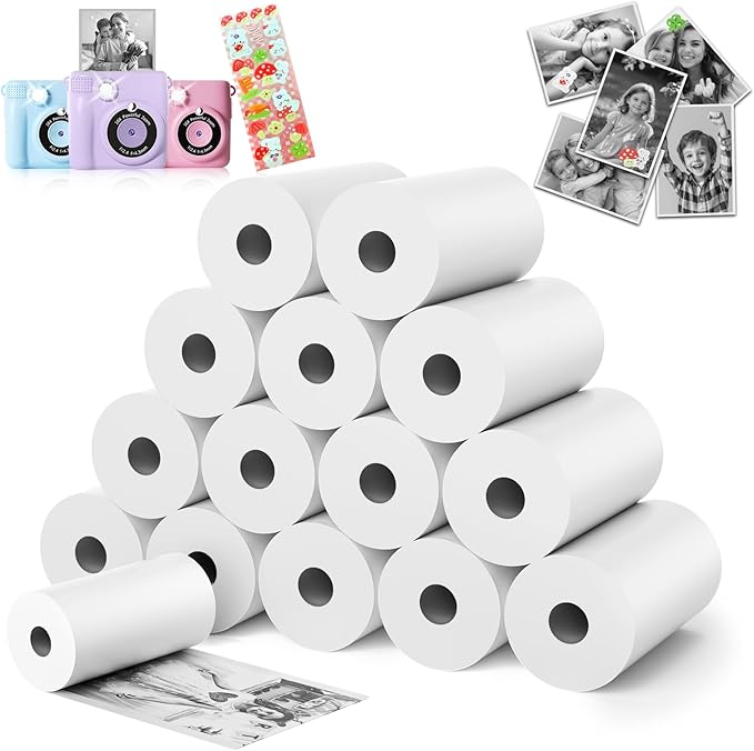 15 Rolls Kids Camera Paper Roll Refill - HD kids camera instant print paper, 55x25mm Print 180 Sheets with Cute Stickers, Scratch-Resistant, BPA Free, Suitable for 99% of Instant Print Camera for Kids
