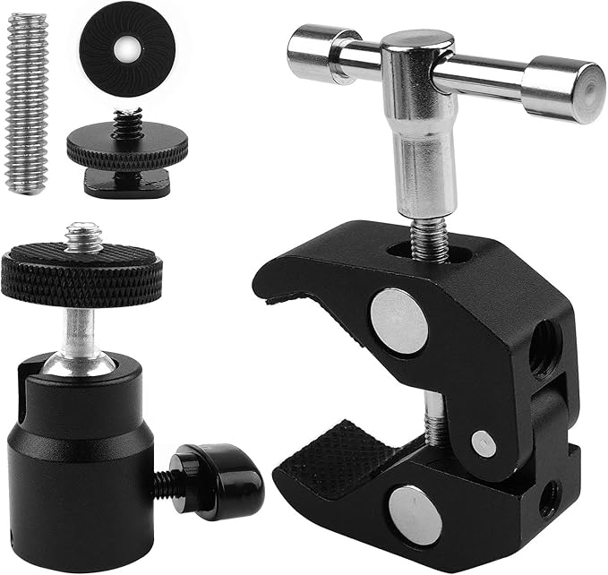 ChromLives Camera Clamp Mount Ball Head Clamp Super Clamp and Mini Ball Head Hot Shoe Mount Adapter with 1/4"-20 Tripod Screw Compatible with LCD/DV Monitor, LED Lights, Flash Microphone and More