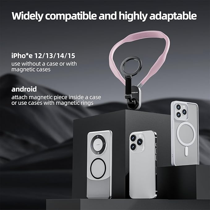 REYGEAK Magnetic POV/Vlog Phone Neck Mount Holder for Magsafe iPhone 16/15/14/13/12 Pro Mini/Plus/Pro/Pro Max, Hand Free Chest Stand Video Recording for Mobile Phone Accessory (Sakura Pink)