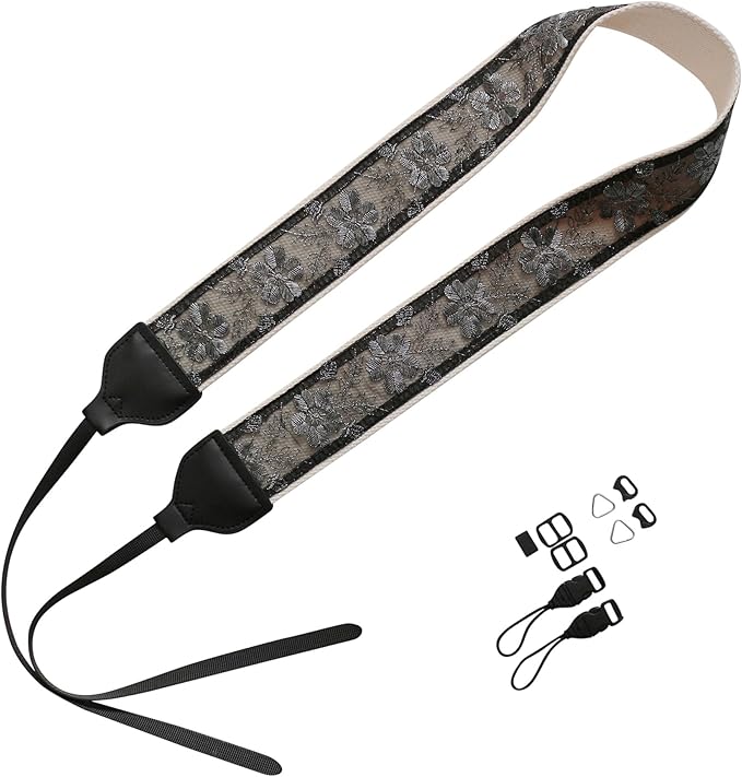 UNIKSTRAP Original Design Adjustable Camera Strap Silver thread & Black Lace, 2 Inch (5cm) Width, Fit for Canon Nikon Sony Interchangeable Lens Digital Camera/DSLR