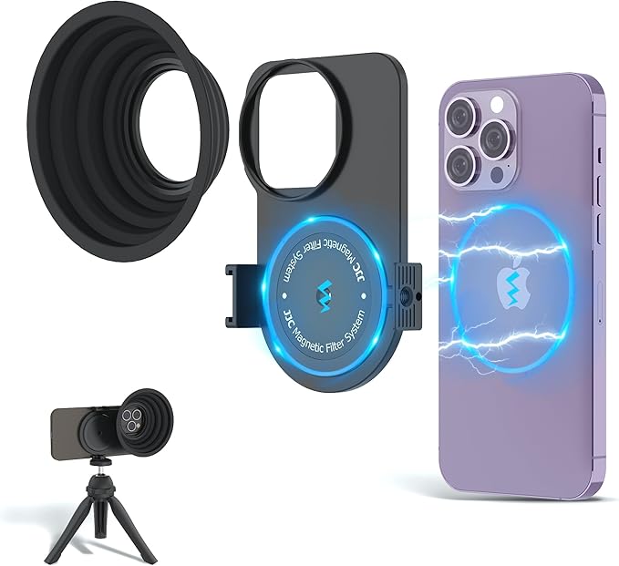 JJC 49mm Magnetic Lens Filter Mount Adapter for iPhone 13 Pro 14 Pro 15 Pro with MagSafe Case, Magnetic Filter System with Cold Shoe Mounts & Anti-Reflection Silicone Lens Hood (Filters Not Included)