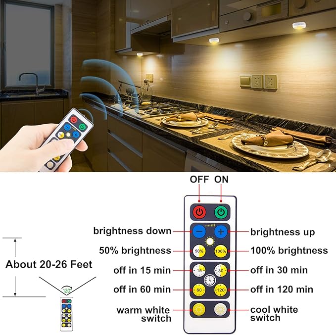 LUXSWAY Battery Push Light with Remote, Wireless LED Puck Light, Dimmable Stick-on Tap Light for Closet, Warm/Nature White Under Cabinet Lighting,Timer Off and Dimmable - (Warm White 4Pack)