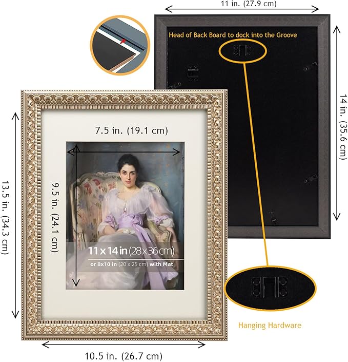 11x14 Antique Silver Wood Ornate Vintage Classic Picture Frame, With Mat 8x10 inches, Real Glass Protection, Horiztonal or Vertical Display