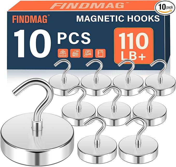 FINDMAG Magnetic Hooks for Cruise Cabins, 110lbs Cruise Ship Magnetic Hooks for Hanging Heavy Duty, Magnet Wall, Refrigerator Magnets, Locker Organizer, Locker Organization, 10 Pack, Silver