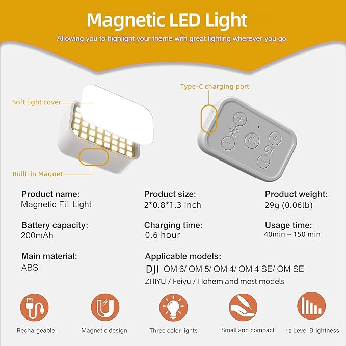 Fotorgear Universal Magnetic Selfie Light for All Smartphones & Gimbals, Slim LED Vlog Fill Light with 3 Color modes, Compatible with iPhone DJI, Insta360