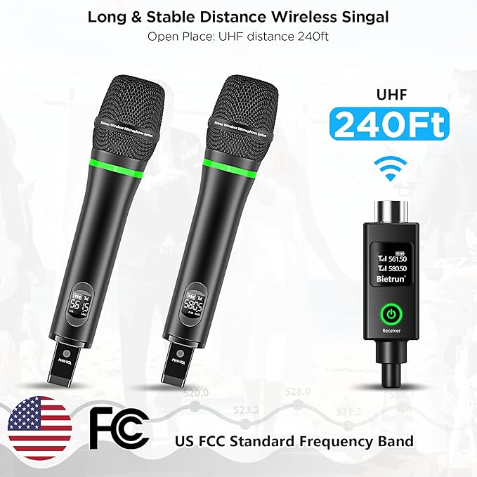 Bietrun XLR Wireless Microphone, Rechargeable Dual Metal Cordless Handheld Dynamic Mics for Mixer, Audio Interface, PA Amplifier System, Church, Singing, Karaoke(UHF 240FT Range)(with 6.35 Adapter)