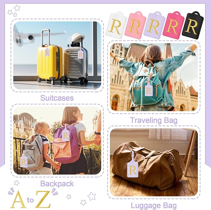 Personalized Initial Luggage Tags for Suitcases, Cute PU Leather Embroidered Letter Travel Luggage Tags, Suitcase Identifier Name Baggage Tag, Bag Tags for Men Women Kids Luggage Handbags(Purple R)