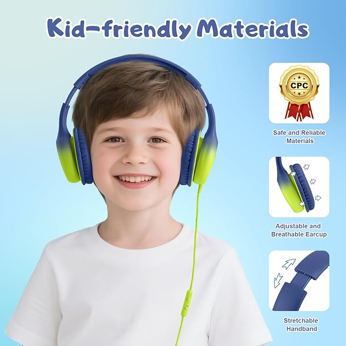 USB Type C Kids Headphones, Wired Headphones for Kids with Microphone 85/94dB Volume Limit, Stereo Sound Portable Over Ear Headphones for School/Travel/Tablet/iPad, Blue Lemon