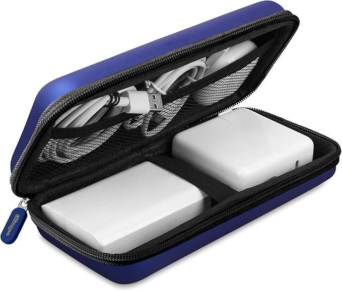 iMangoo Travel Essentials Electronics Organizer Charger Case Portable Dual Zipper Shockproof Pouch Tech Purse Cord Cable Pouches Power Bank Storage Accessories Bag for Women Men,8.5x4.5x2 Dark Blue