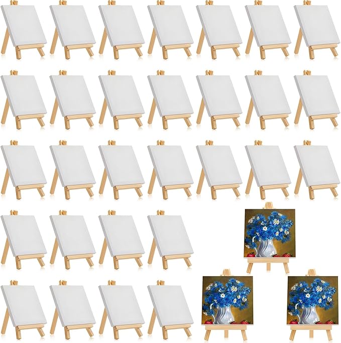 Mimorou 32 Pack 3 x 3 Inch Mini Canvases with Easel Sets for Painting Small Art Stretched Canvases Panels Pack for Kids Classroom Crafts Valentine's Day Painting Gift Easter Crafts
