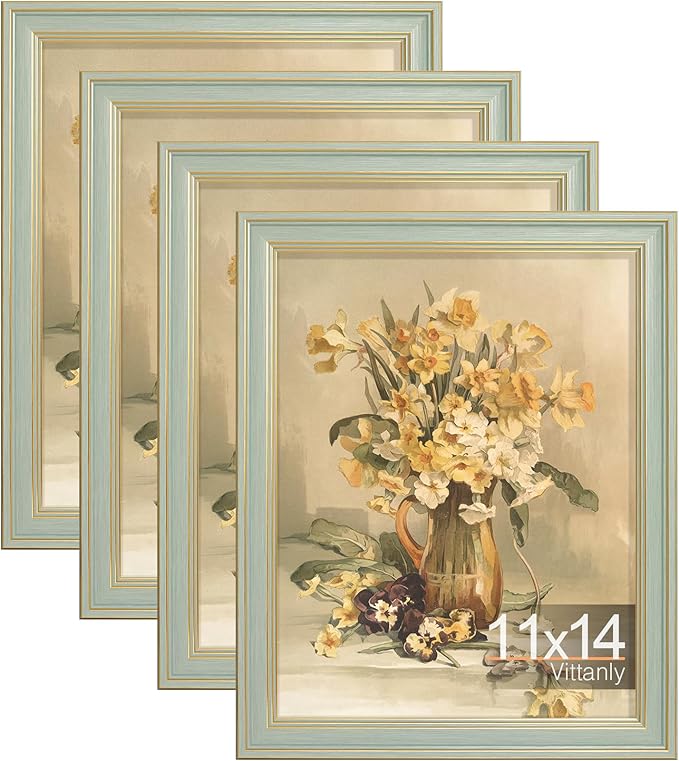 Vittanly 11x14 Picture Frame Set of 4, Vintage Photo Frame for Wall Mount, Display 8x10 Pictures with Mat or 11x14 without Mat, Rustic Farmhouse Home Decor, Light Green