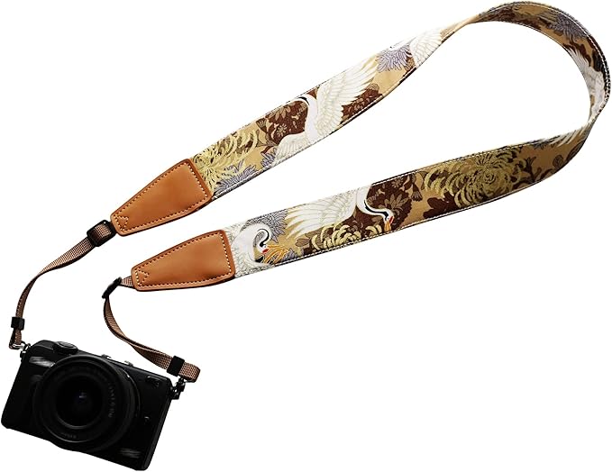 Original Design Personalized Adjustable Camera Strap Chrysanthemum & Crane in Tan, Fit for Canon Nikon Sony Olympus Interchangeable Lens Digital Camera/DSLR etc.