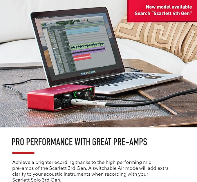 Focusrite Scarlett Solo 3rd Gen USB Audio Interface for Guitarists, Vocalists, Podcasters or Producers to record and playback studio quality sound