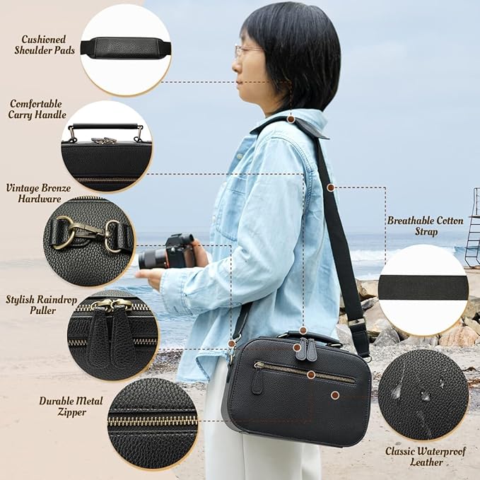 Camera Sling Bag, Waterproof PU Leather Crossbody Camere Bag for Photographers, Small Shockproof Case with Removable Dividers for DSLR/SLR/Mirrorless, 4L Black